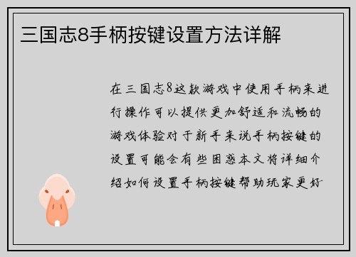 三国志8手柄按键设置方法详解